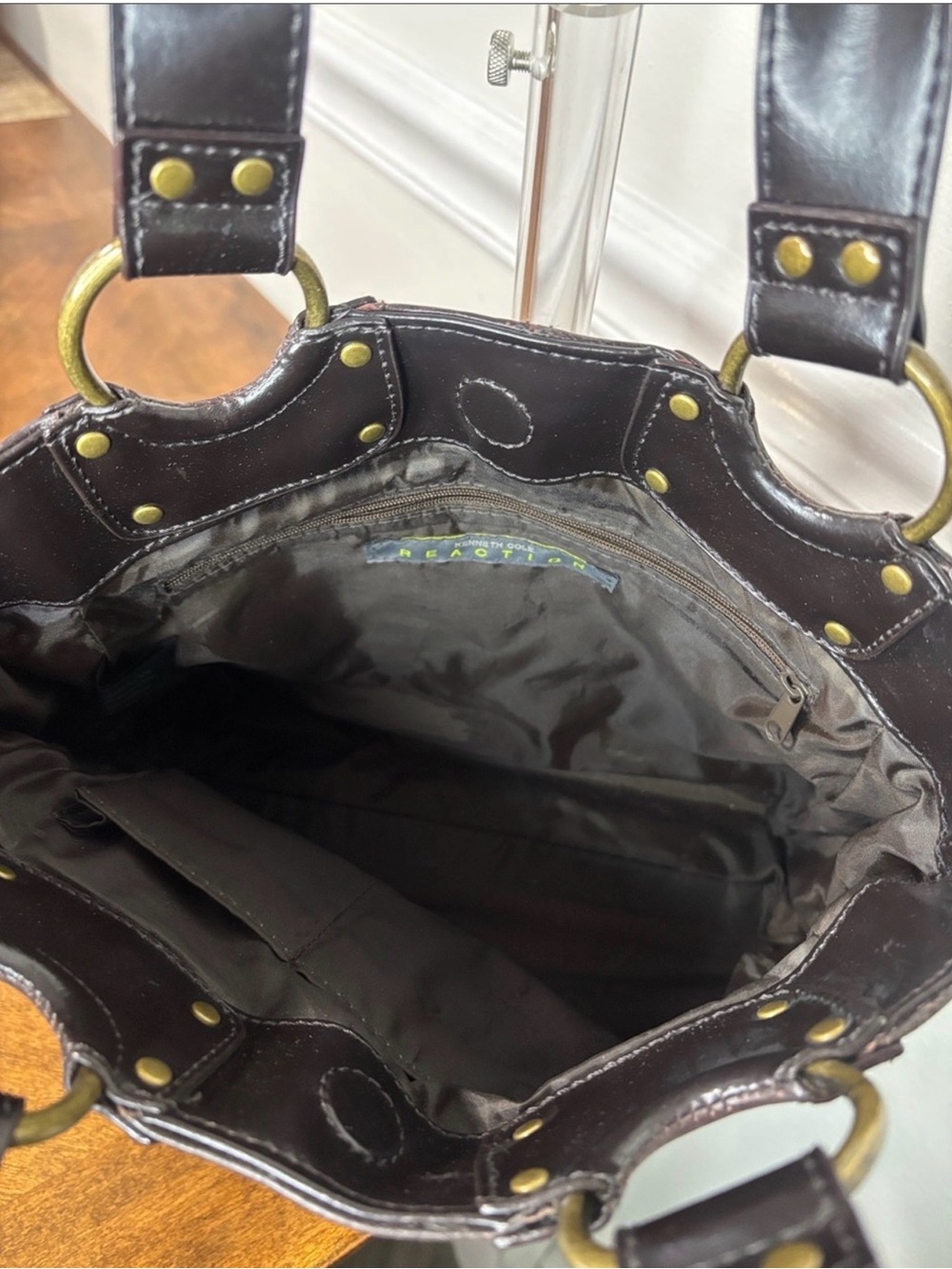 KENNETH COLE Classic Chocolate Brown Leather Satchel with Brass Hardware (EUC) - Picture 8 of 12